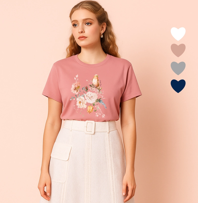 Camiseta Feminina Ilustrada Pássaro e Flores