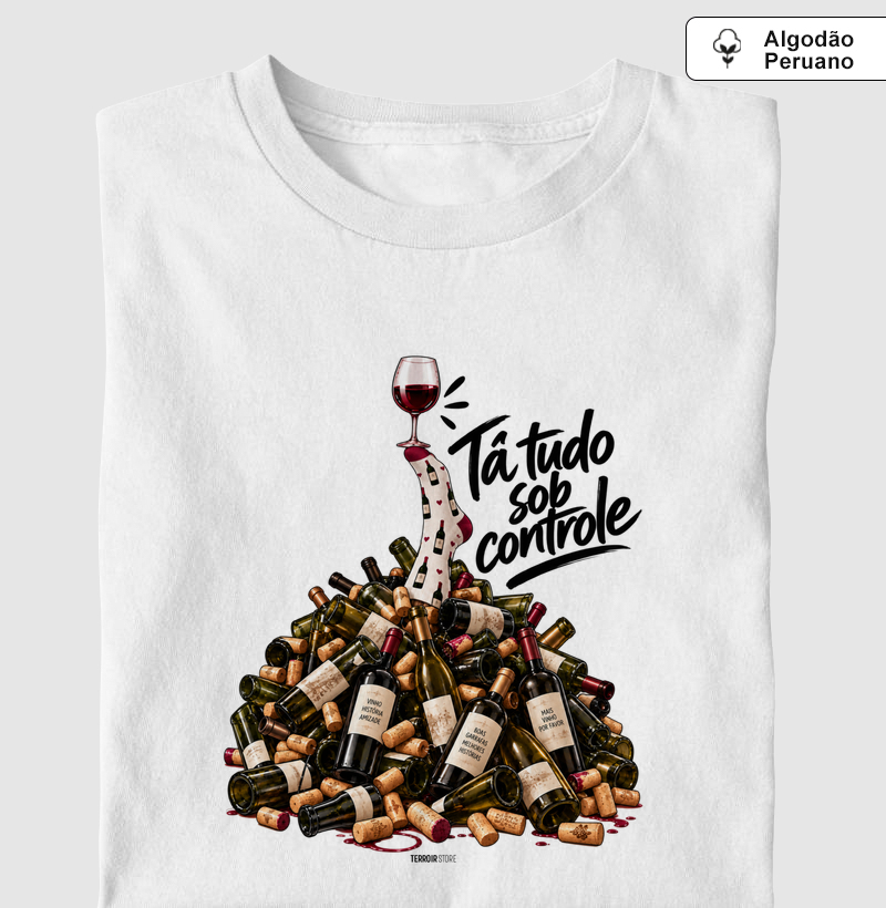 Camiseta “Entre Garrafas e Histórias” – Wine Mood - Camiseta Algodão Peruano