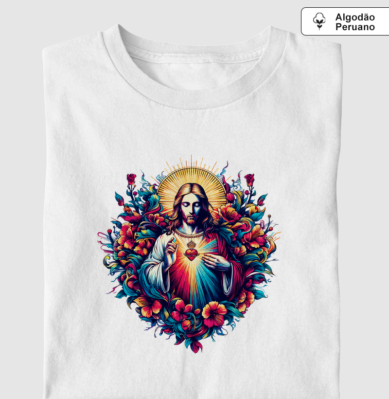 Sagrado Coração de Jesus em flores Algodão Peruano