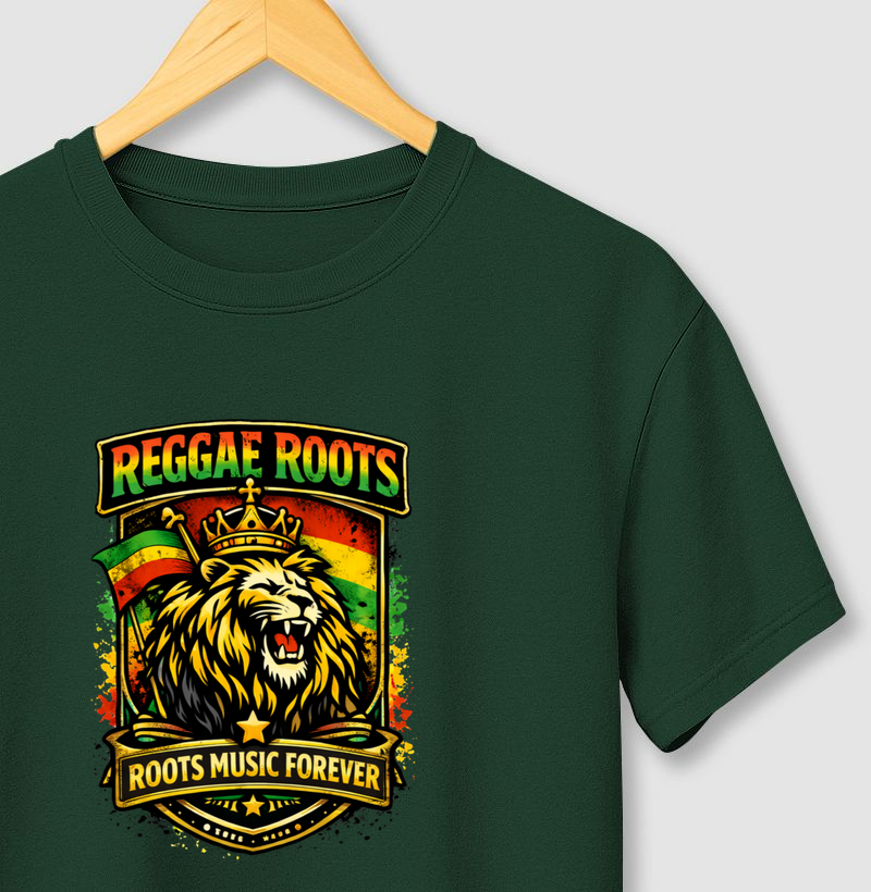 Camiseta Roots Music Forever. Coleção Reggae Music. Masculina e Feminina. Algodão Premium.