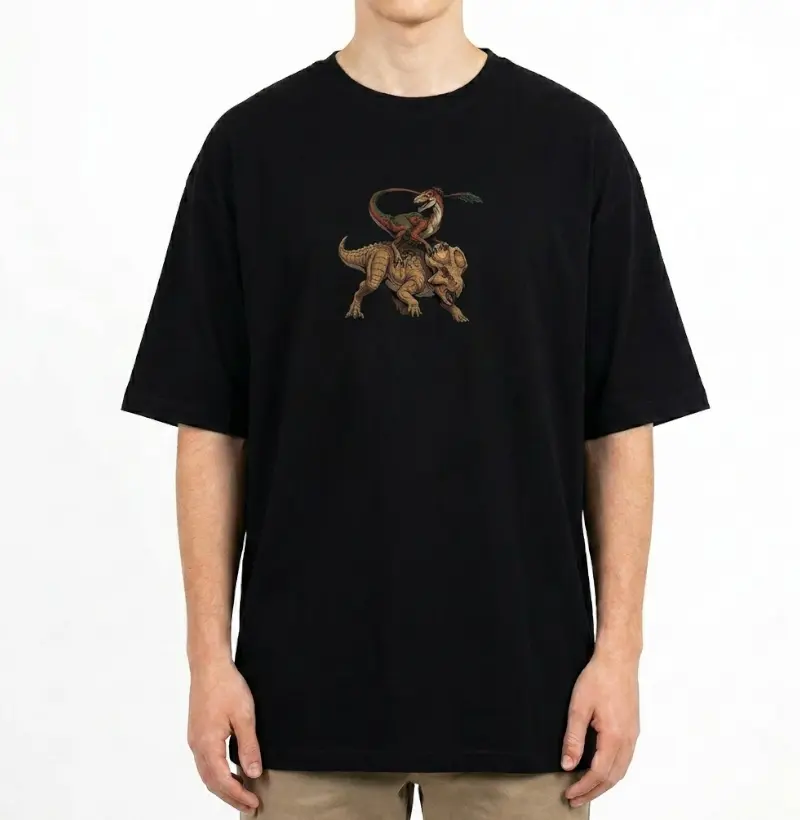 Camiseta Dinossauro Oversized Velociraptor VS Protoceratops Algodão Premium Dinoloco