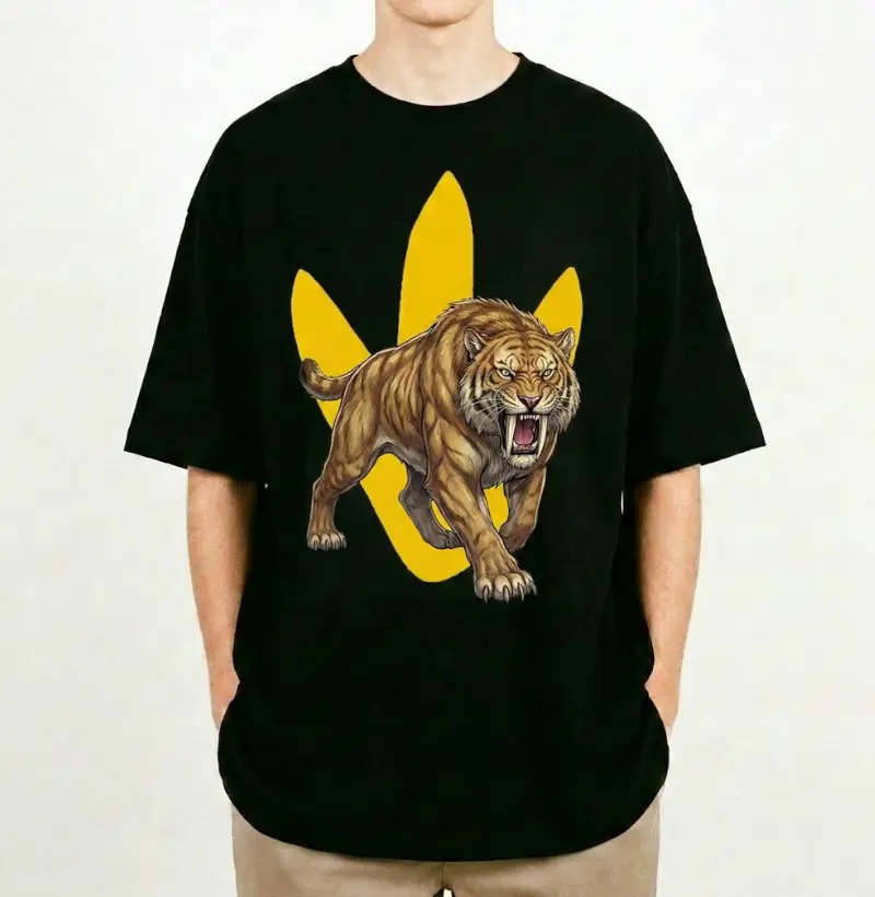 Camiseta Dinossauro Oversized Tigre Dente-De-Sabre Ataque Algodão Premium Dinoloco