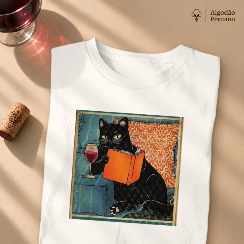 Camiseta Gatos, Vinhos e Livros