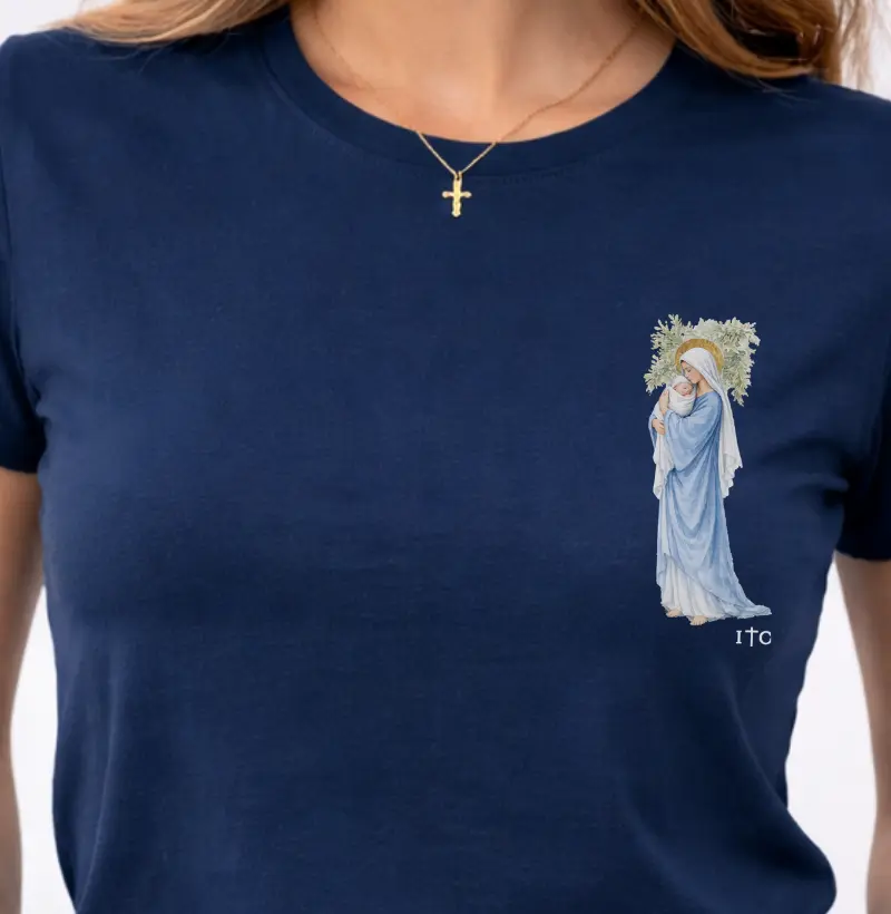Camiseta Nossa Senhora Segurando Menino Jesus em Aquarela 100% Algodão Premium