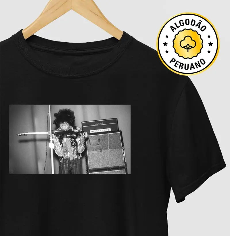 Jimi Hendrix e guitarra - 1967 - Camiseta Algodão Peruano