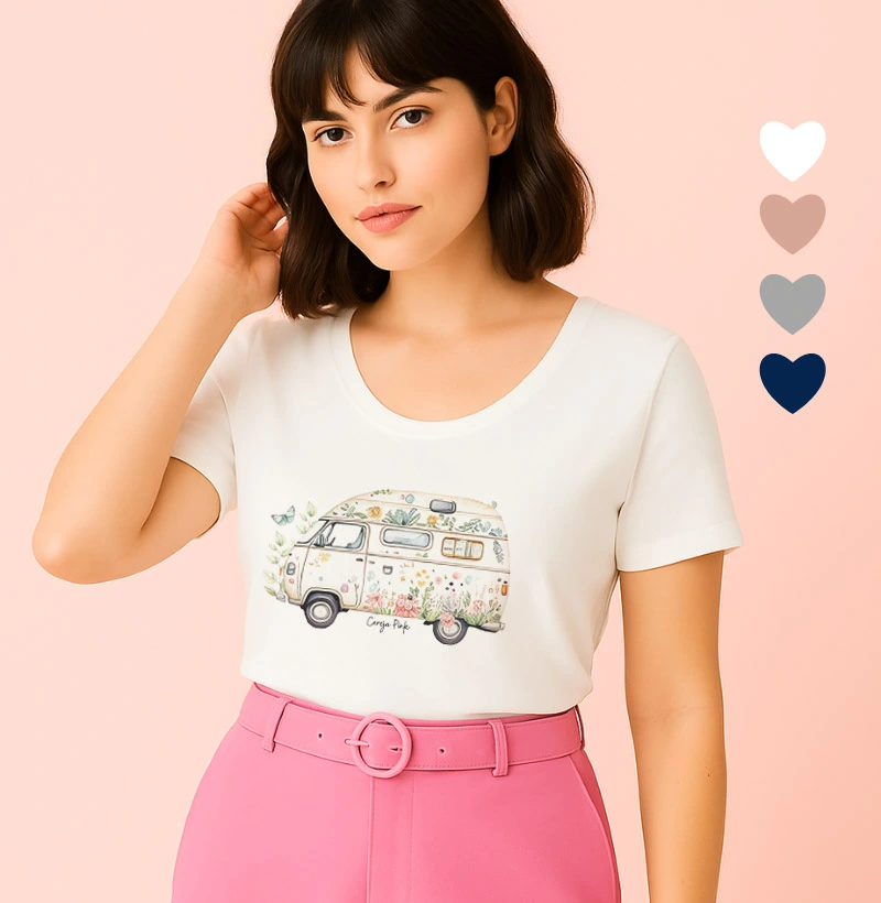 Camiseta Feminina Ilustrada Kombi Flores
