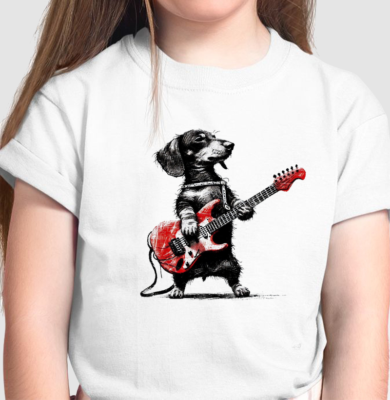 Dachshund tocando guitarra vermelha 