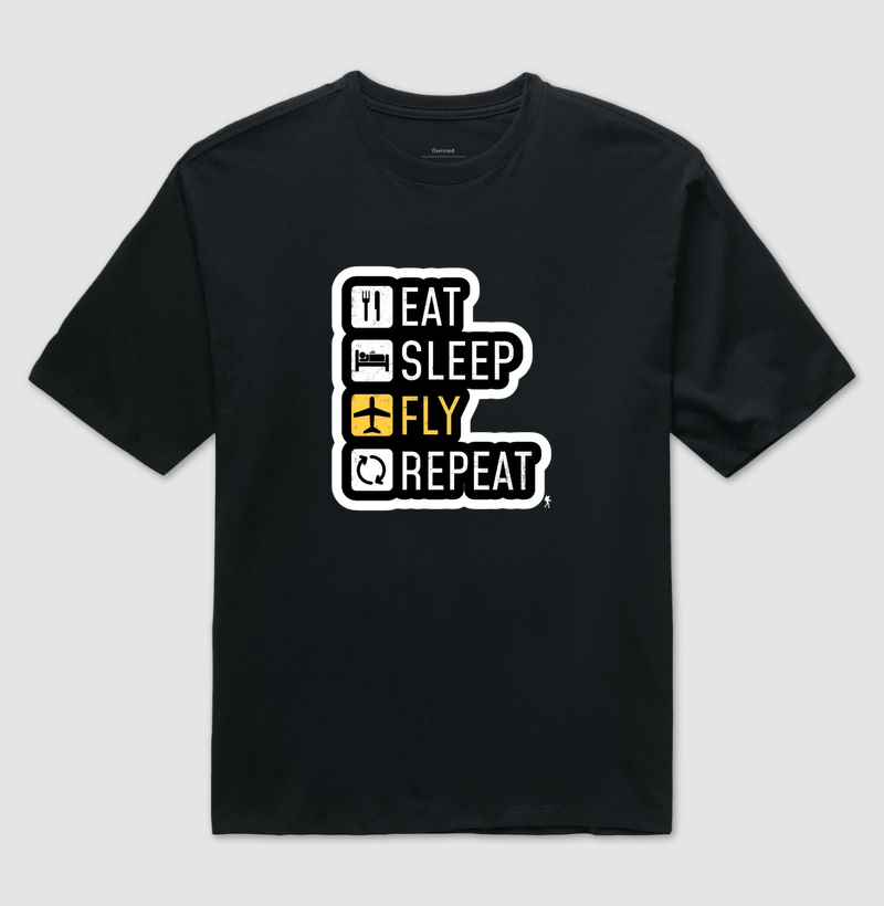Camiseta Eat Sleep Fly Repeat | Rotina do Viajante Viciado | Colecao Viciados em Viagem