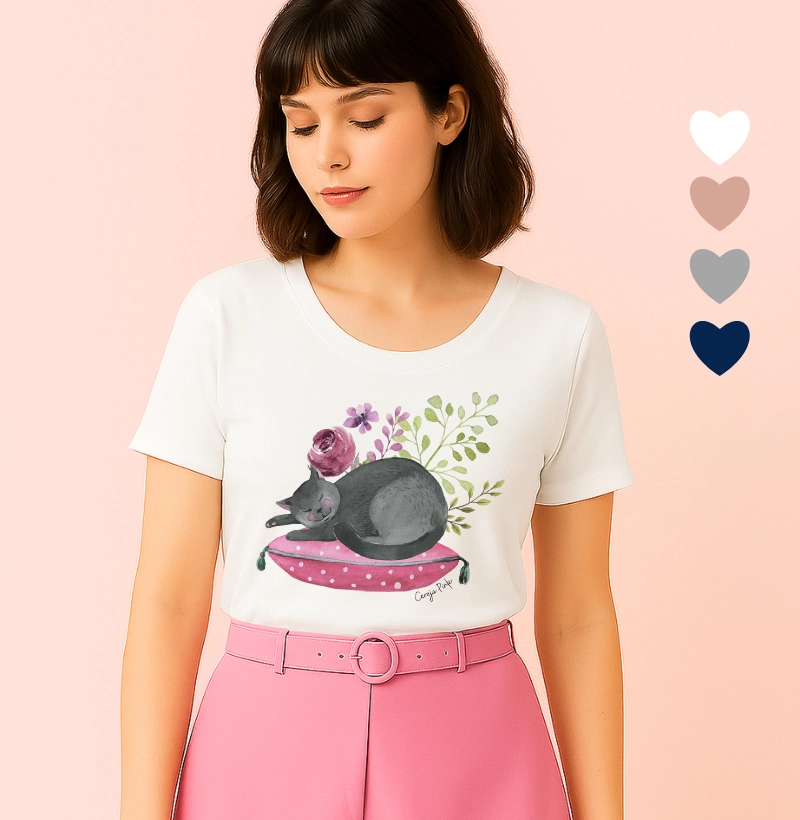 Camiseta Feminina Ilustrada Gato Almofada