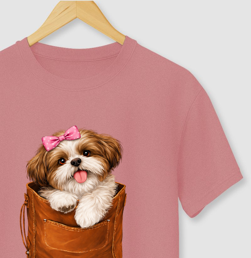 Camiseta Shih Tzu Marrom e Branco Na Bolsa