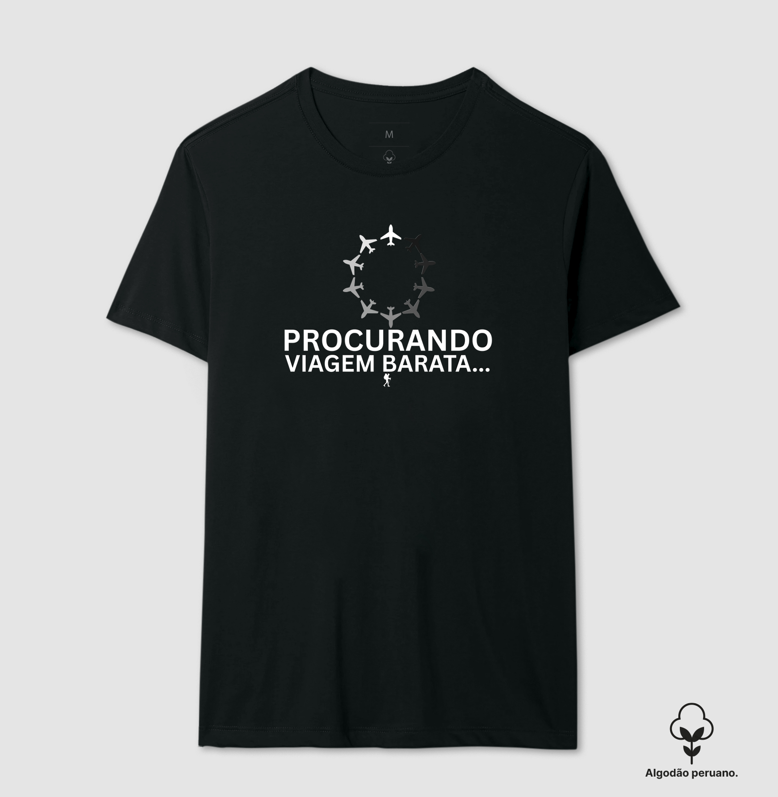 Camiseta Procurando Viagem Barata | Circulo de Avioes Minimalista | Colecao Viciados em Viagem | Excursionista