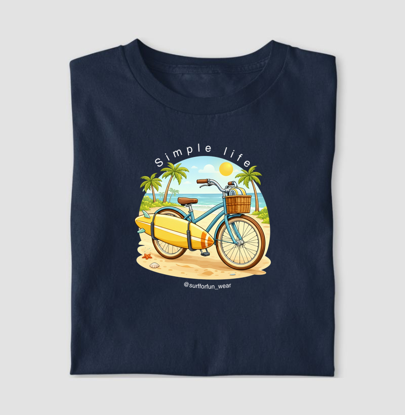 Camiseta Estampada "Simple Life" - Estilo Surfwear com Bicicleta e Prancha - Surf For Fun Wear