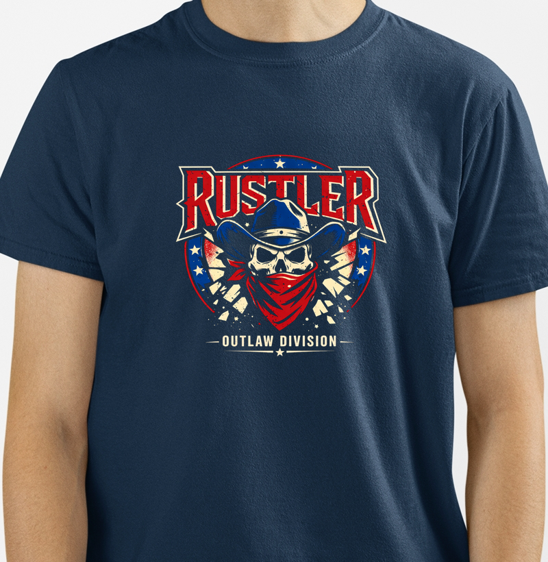 Camiseta Rustler Outlaw Division – Skull Cowboy Badge