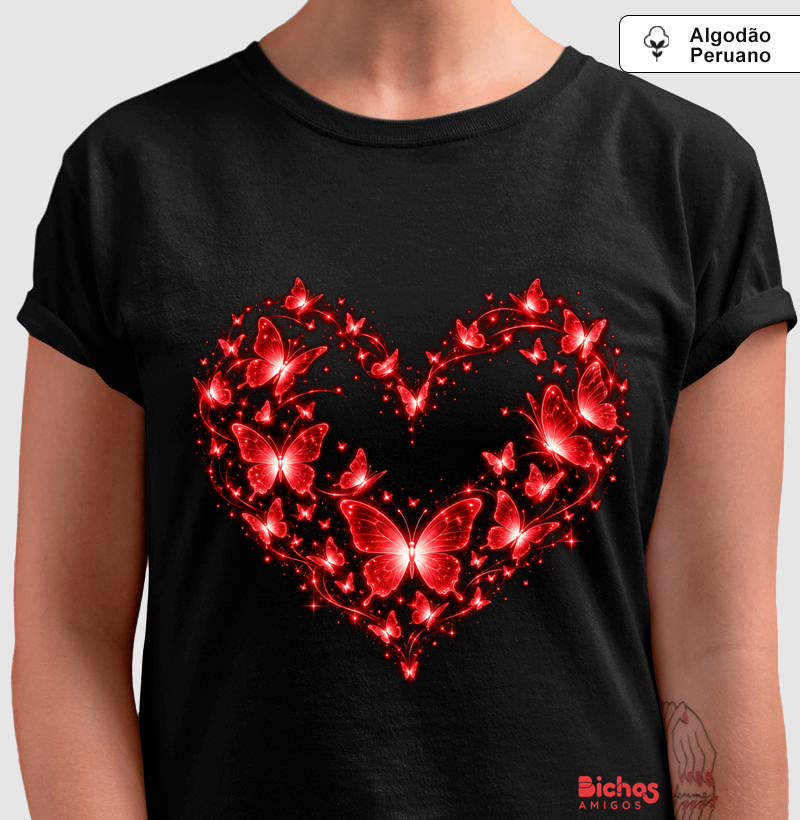 Coração de Borboletas - Camiseta Algodão Peruano