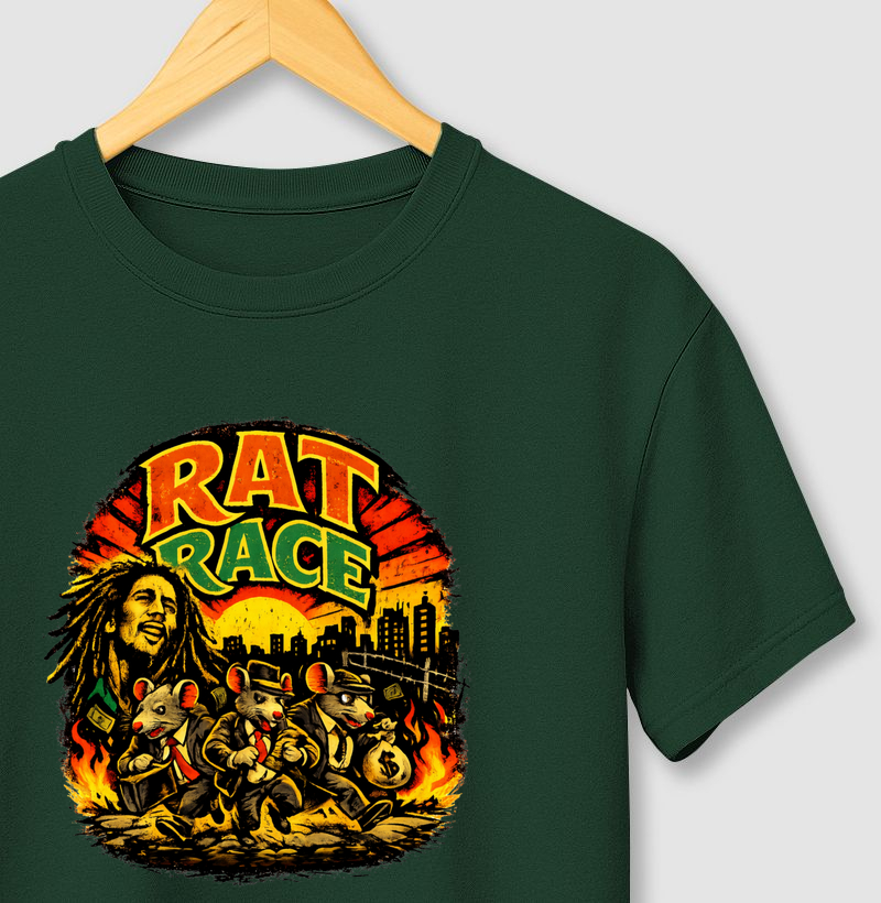Camiseta Rat Race. Coleção Reggae Music. Masculina e Feminina. Algodão Premium.