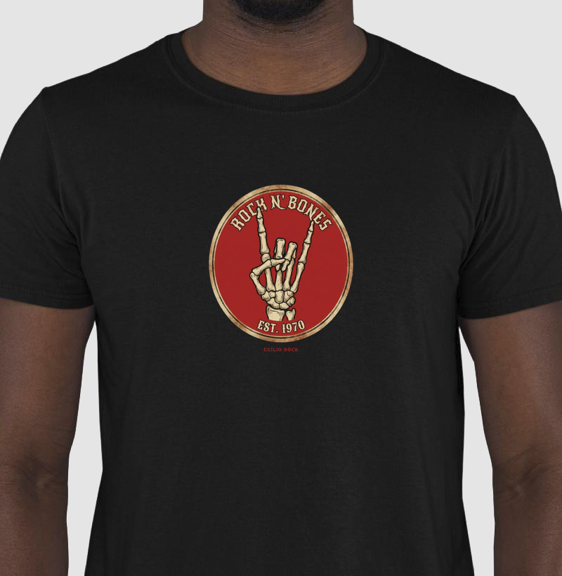 Camiseta Rock n' Bones - Esqueleto e Atitude Rock | Exílio Röck - Armadura Urbana