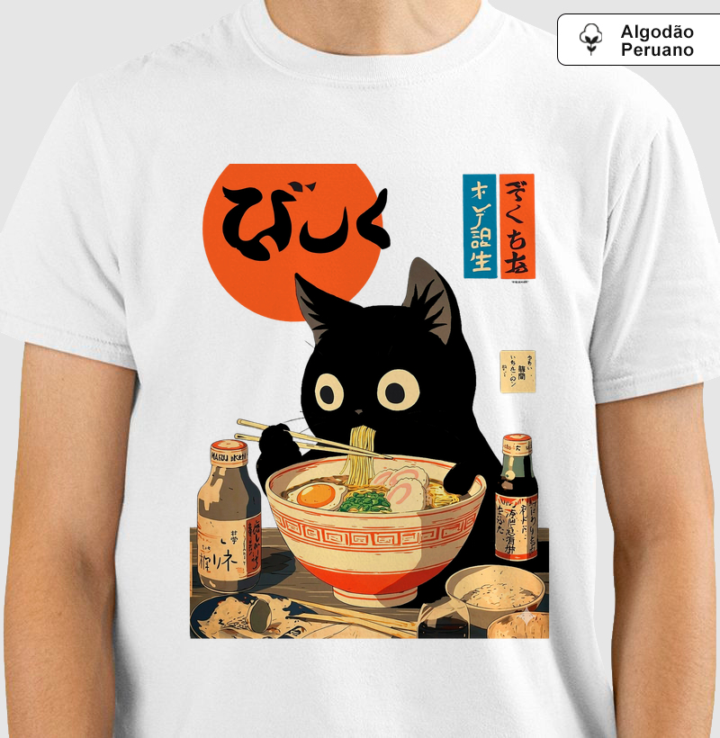 Camiseta Gato Ramen Japonês Vintage Algodão Peruano 