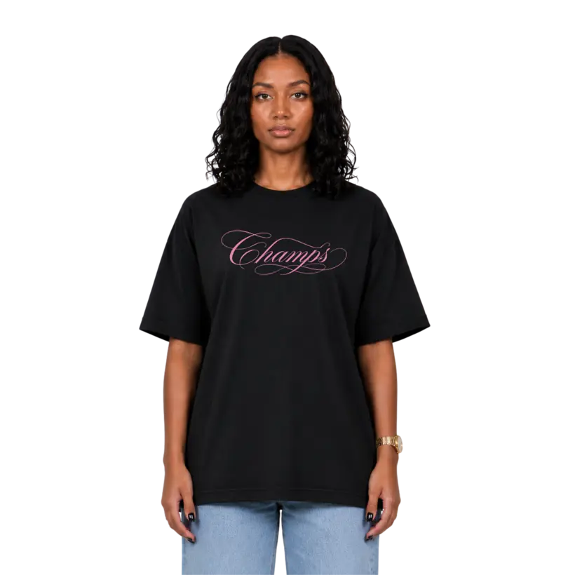 Camiseta Oversized Unissex Preta Champs Rose Script