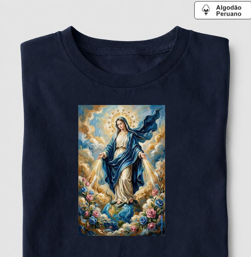 Nossa Senhora das Graças - Medalha Milagrosa Arte Sacra - Camiseta Algodão Peruano