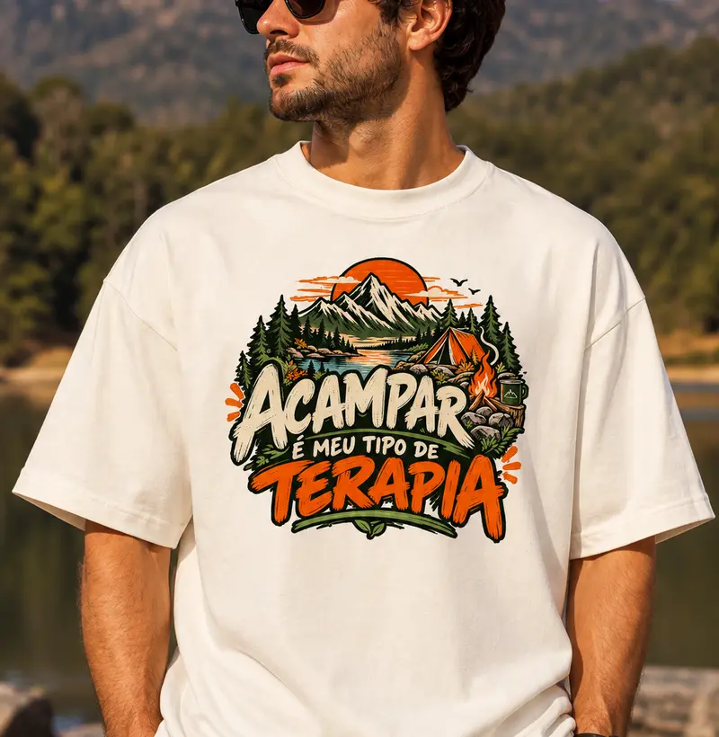 Camiseta Oversized | Unissex | Acampar é Meu Tipo de Terapia - Camiseta Oversized