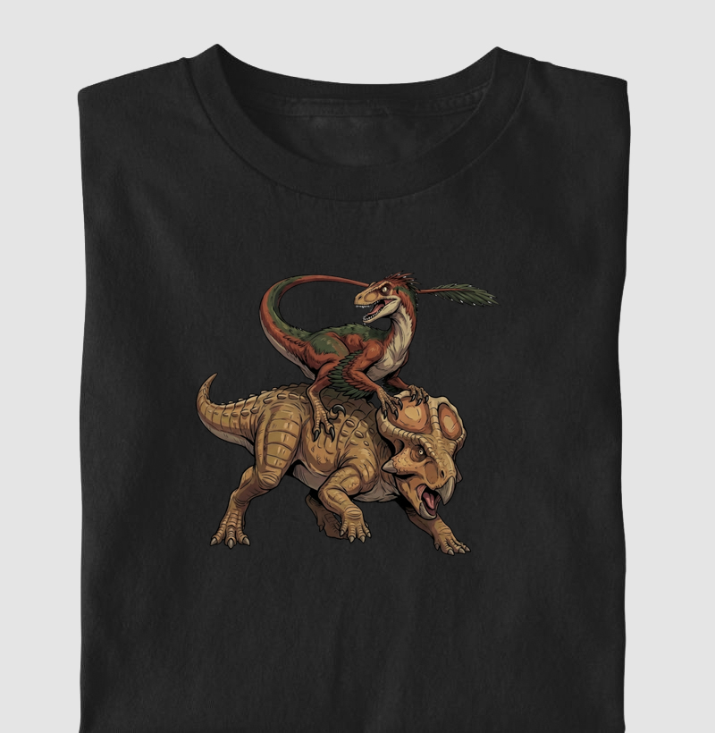 Camiseta Dinossauro Velociraptor VS Protoceratops Algodão Premium Dinoloco