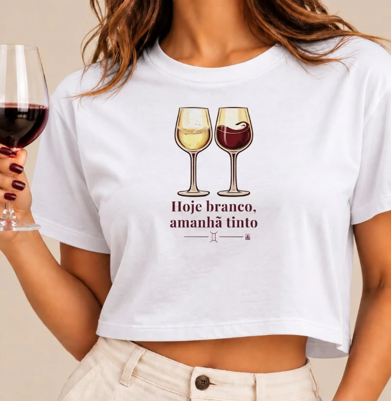 Camiseta Cropped Gêmeos - Hoje branco, amanhã tinto - Cropped