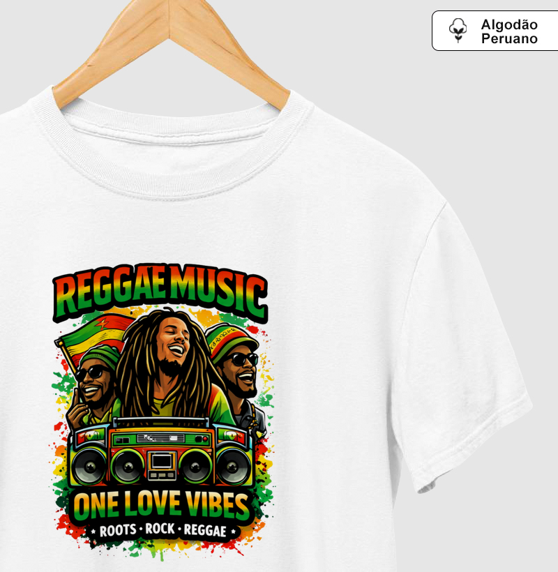 Camiseta One Love Vibes.  Coleção Reggae Music. Masculina e Feminina. Algodão Peruano.