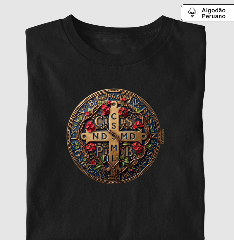 Medalha de São Bento e Flores Coroa-de-Cristo | Arte Sacra Exclusiva