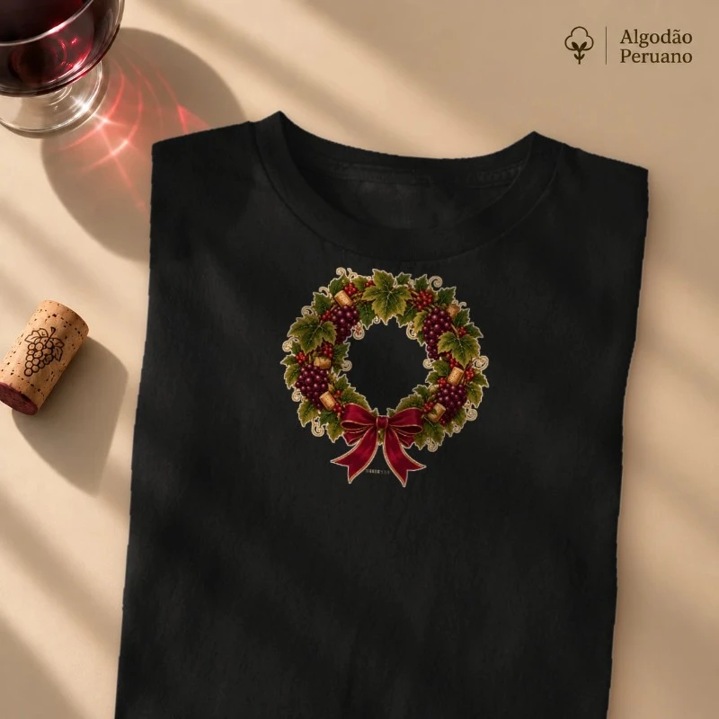 Camiseta Algodão Peruano Guirlanda de Natal do Vinho – Uvas, Rolhas e Laço - Camiseta Algodão Peruano