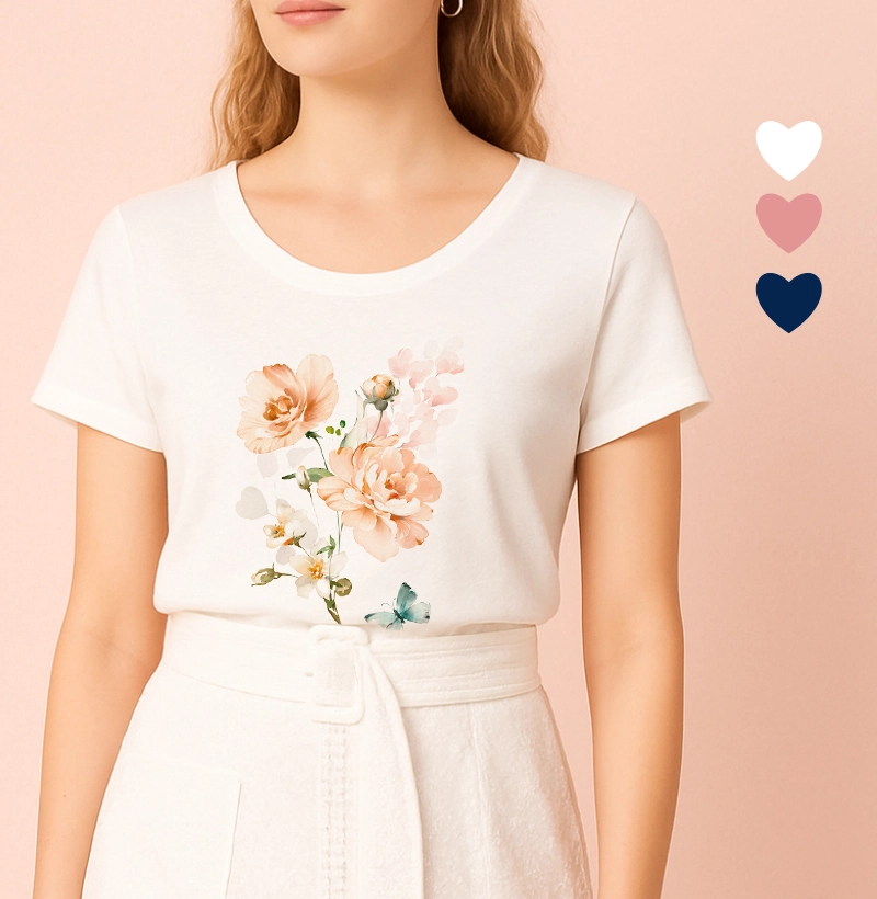 Camiseta Feminina Ilustrada Borboleta Azul e Flores