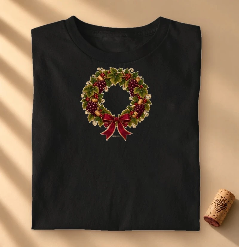 Camiseta Guirlanda de Natal do Vinho – Uvas, Rolhas e Laço