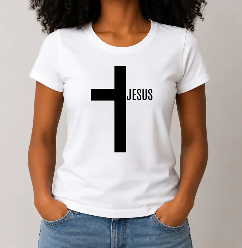 Camiseta Fem. Cruz Jesus - Estampa Preta - Camiseta