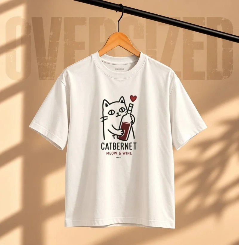 Camiseta Oversized Vinho  - Catbernet Meow & Wine - Camiseta Oversized