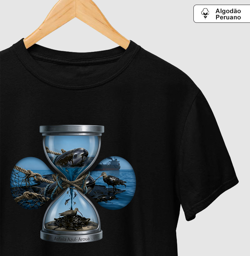 Camiseta Premium Algodão Peruano AROUA Studio (IA) — Maré Negra (Asfixia Azul, Tanguis, Petróleo no Mar, Blue on White)