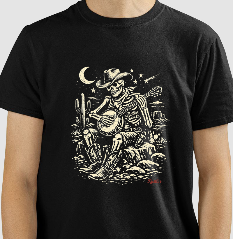 Camiseta Skeleton Banjo Player – Outlaw Desert Nights