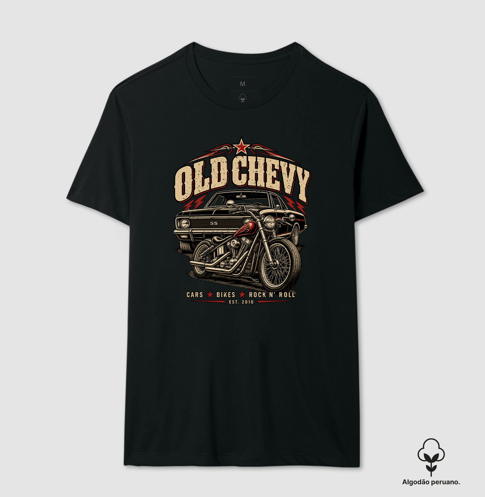 Two Wheels & Four | Steel & Wheels - Old Chevy - Camiseta Algodão Peruano