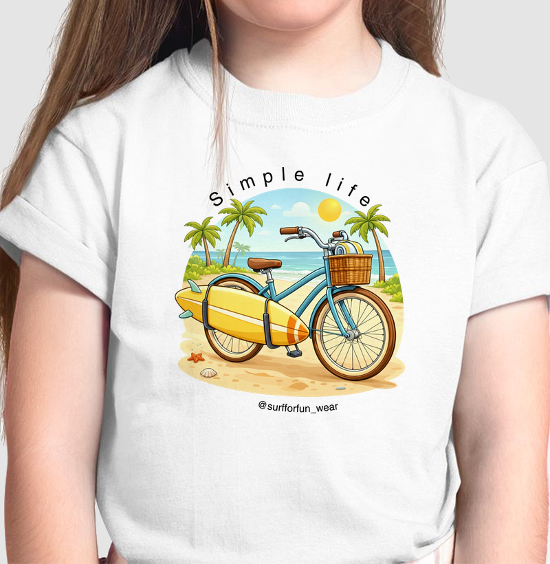 Camiseta Infantil Simple Life - Estampa Surf, Praia e Bicicleta