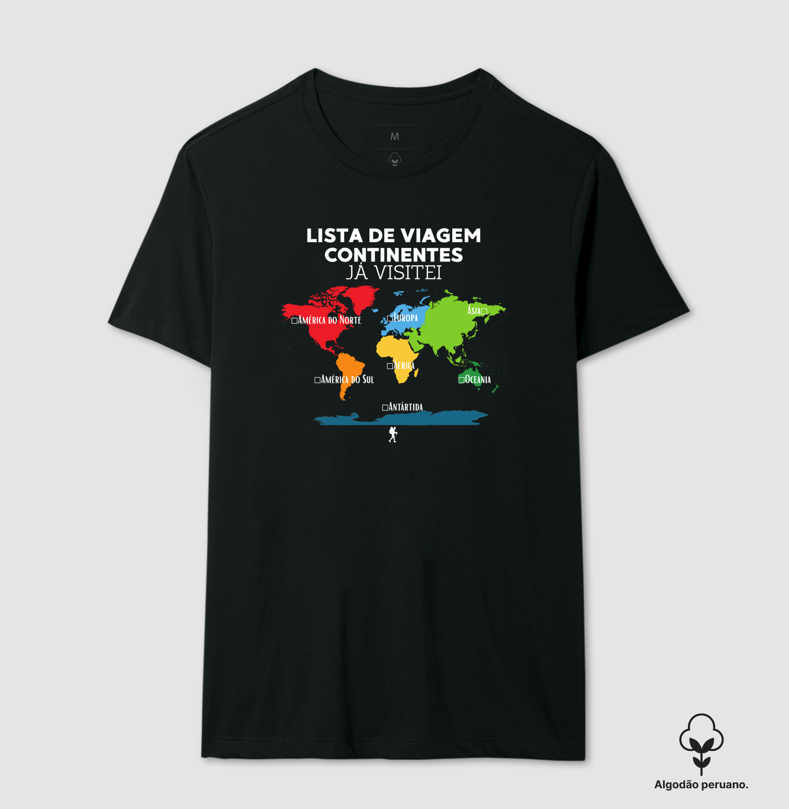Camiseta Lista de Viagem Continentes Ja Visitei | Mapa Mundi Auto Personalizavel | Colecao Personalizaveis - Camiseta Algodão Peruano
