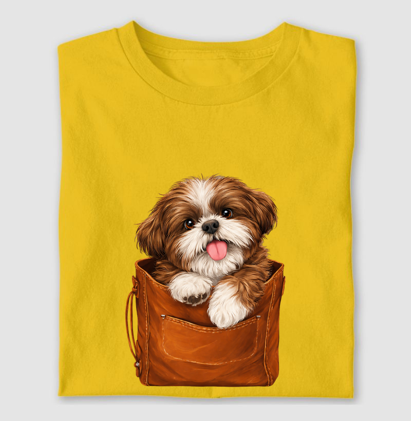 Camiseta Shih Tzu Marrom e Branco Na Bolsa
