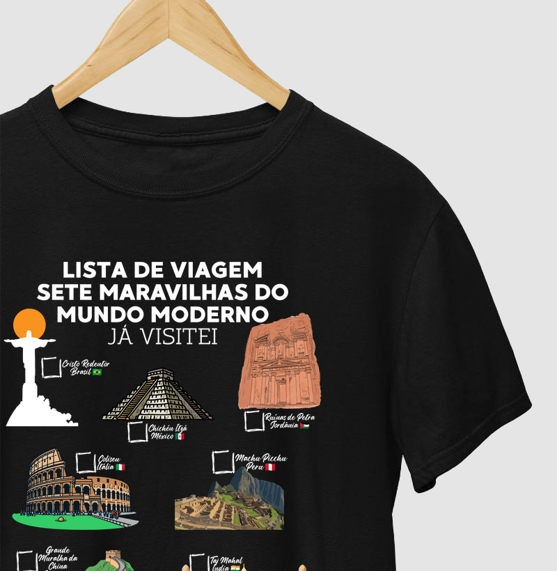 Camiseta Lista de Viagem Sete Maravilhas do Mundo Moderno | Marque as que Ja Visitou | Colecao Personalizaveis