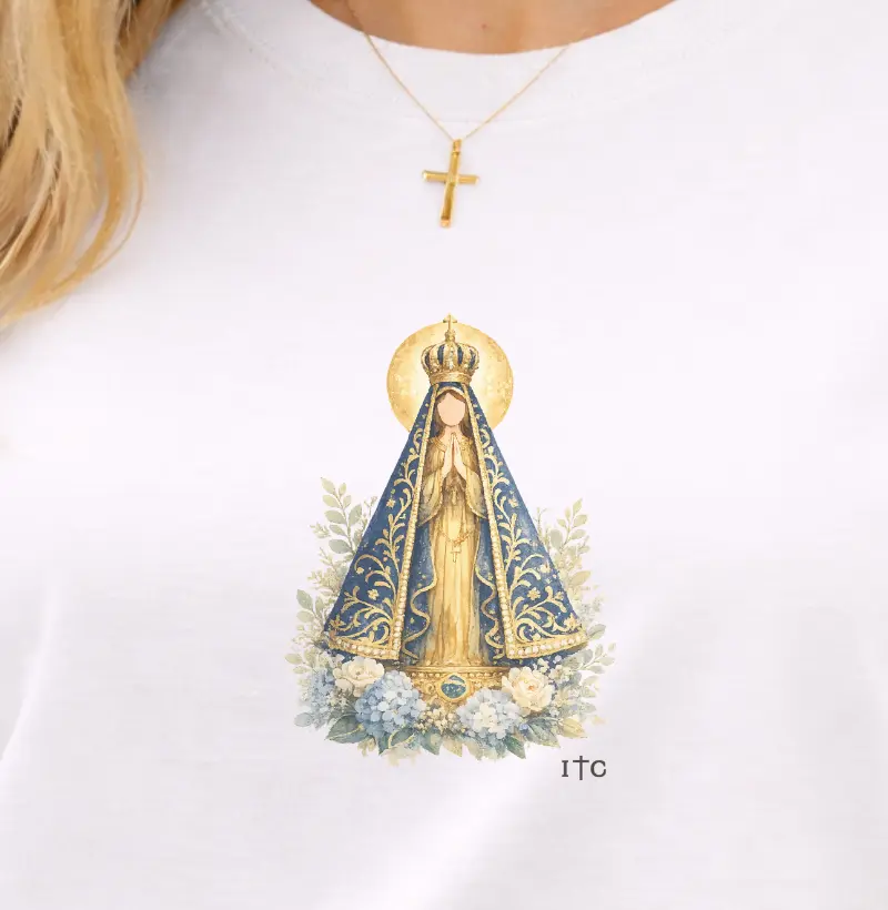 Camiseta Nossa Senhora Aparecida em Aquarela 100% Algodão Premium