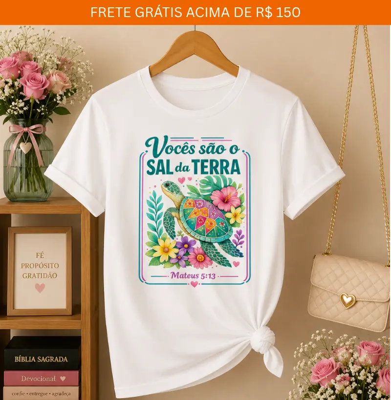 Vocês São o Sal da Terra – Mateus 5:13 Estampa Floral com Tartaruga