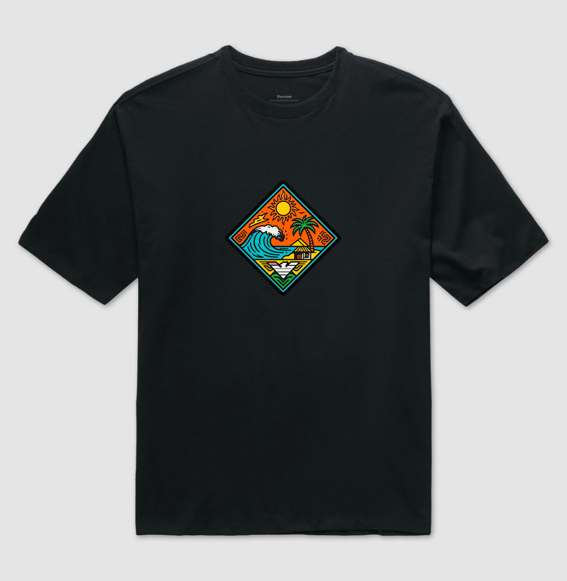 Paraíso do sol e mar - estampa exclusiva LAHU. Sente o calor do sol na pele, a brisa fresca do mar e aquela sensação de paz que só o paraíso traz? Essa estampa captura exatamente esse sentimento. - Camiseta Oversized