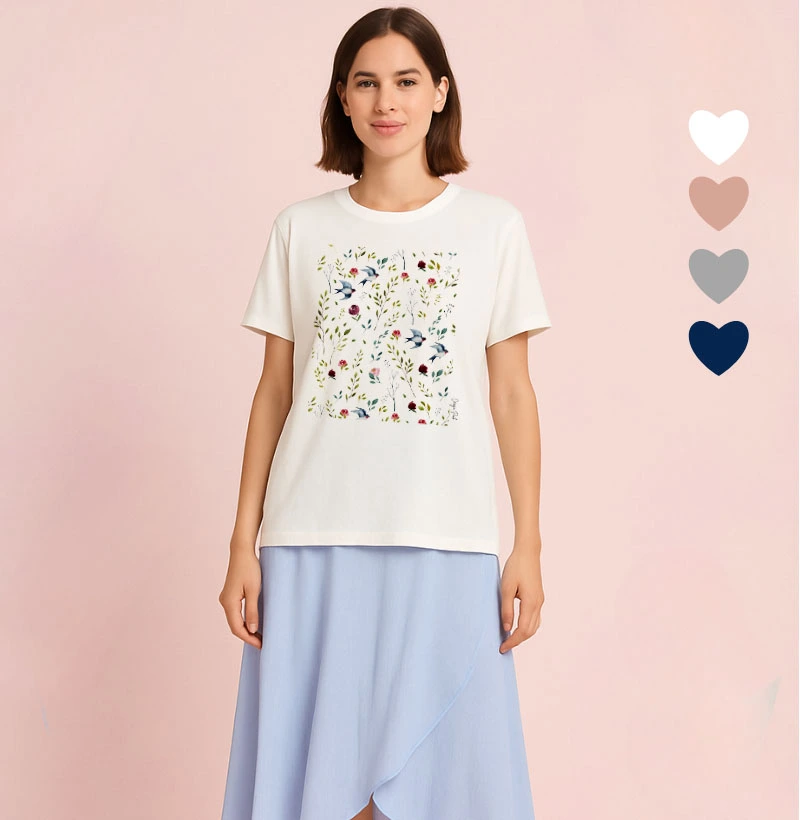 Camiseta Feminina Ilustrada Jardim dos Pássaros