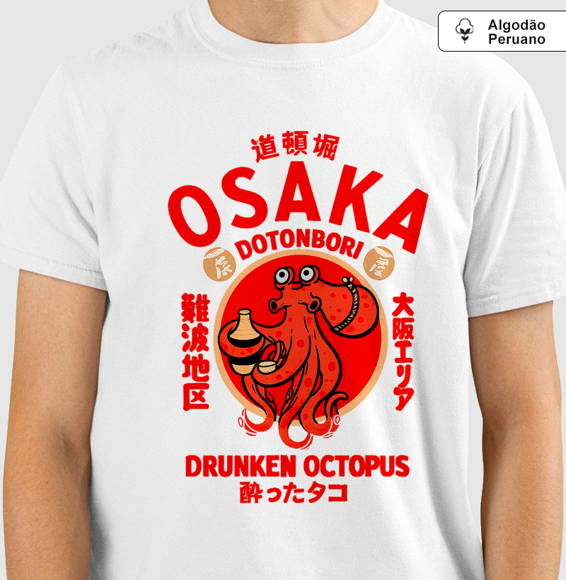 Camiseta Arte Japonesa Osaka Drunken Octopus Vintage Algodão Peruano