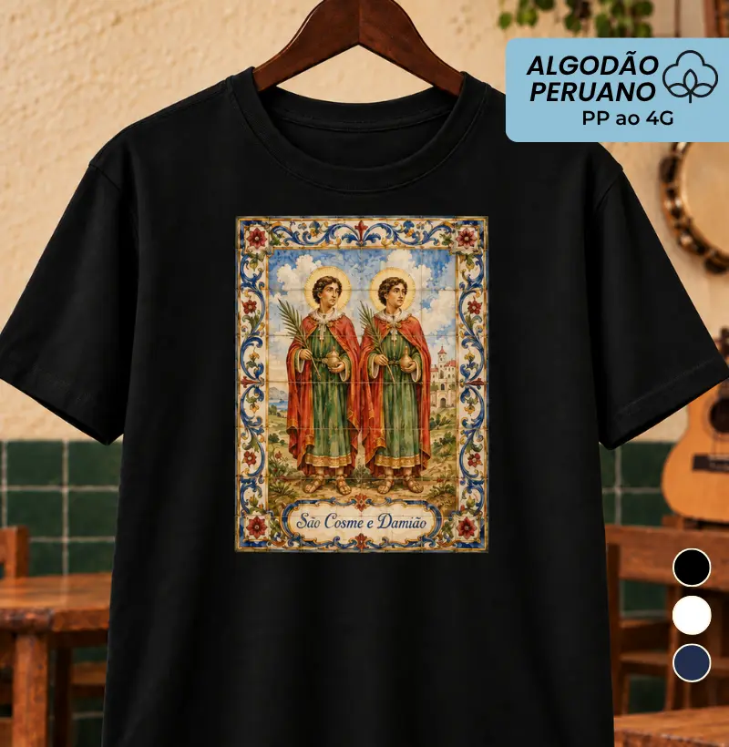 Mosaico São Cosme e Damião - Camiseta Algodão Peruano