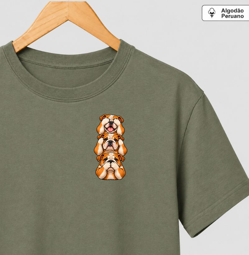 Ver, Ouvir e Falar versão Bulldog (minimal) - Camiseta Algodão Peruano