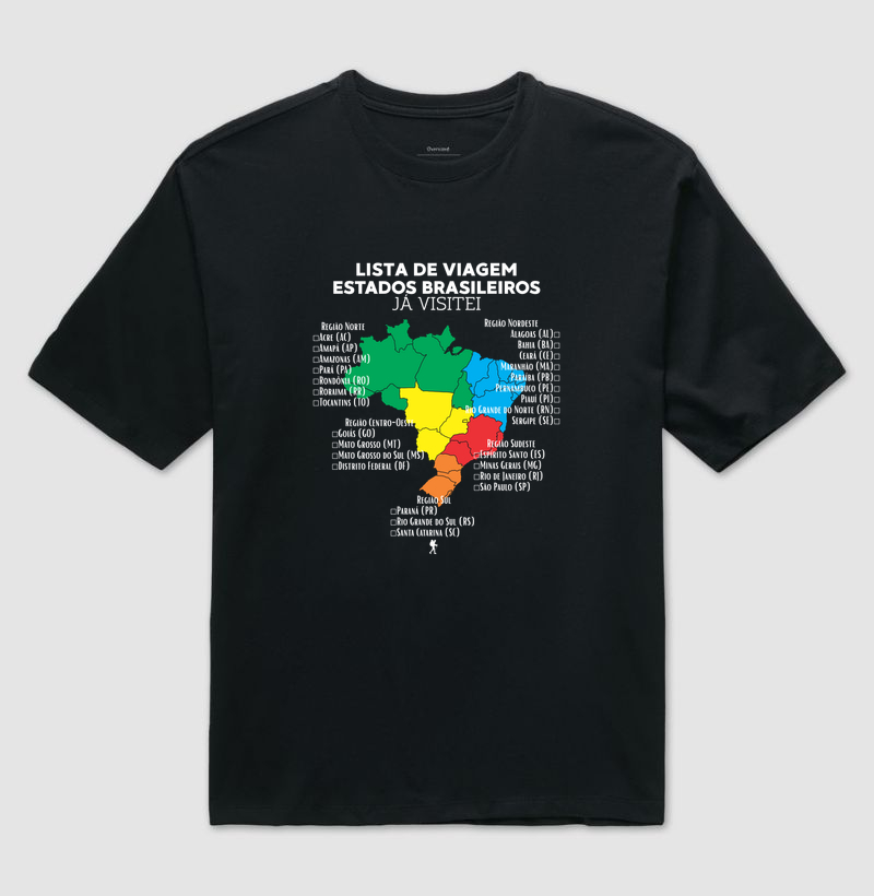 Camiseta Lista de Viagem Estados Brasileiros Ja Visitei | Mapa Brasil Auto Personalizavel | Colecao Personalizaveis - Camiseta Oversized