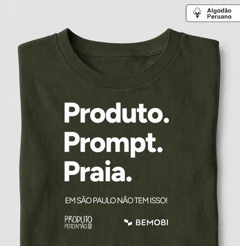 Produto. Prompt. Praia. - Camiseta Algodão Peruano