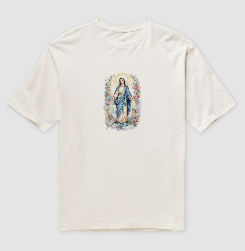 Camiseta Nossa Senhora das Graças - Raios de Luz e Anjos - Camiseta Oversized